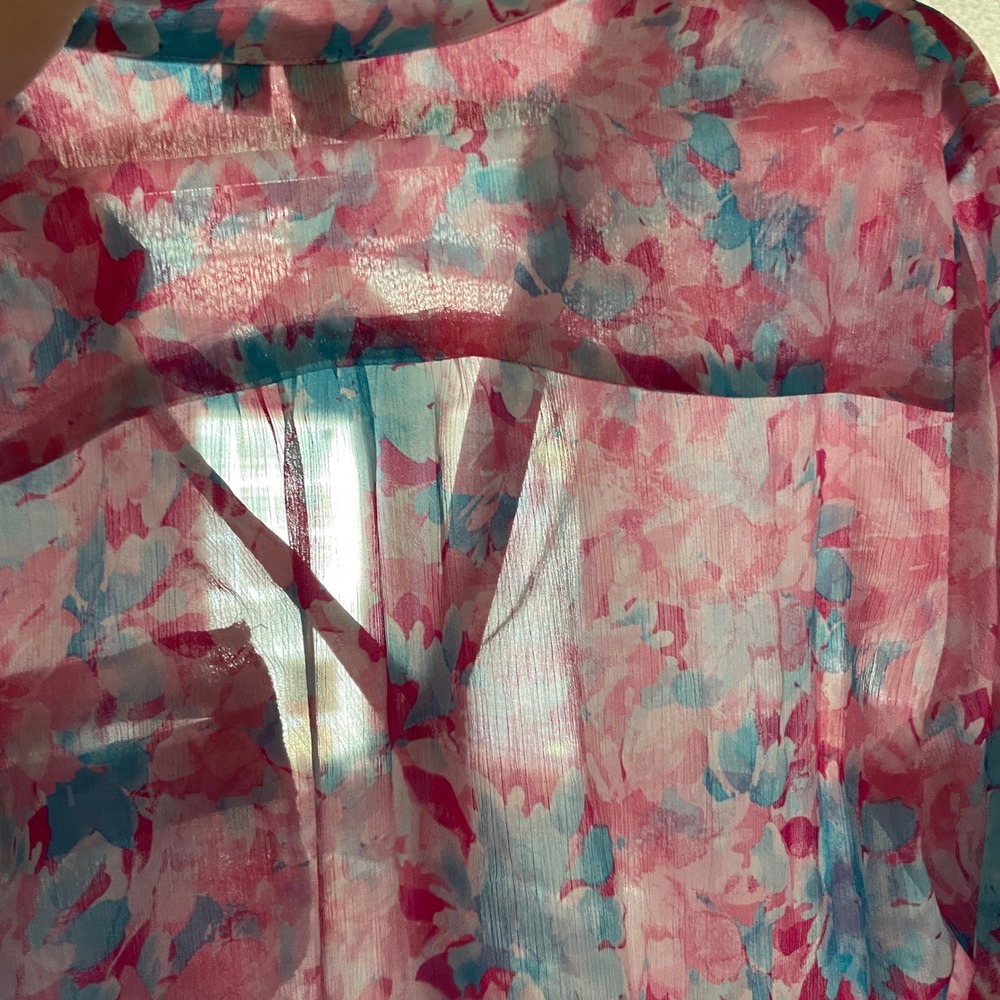 KUT from the Kloth Blouse Womens XL Pink Blue Floral Roll Tab Sleeve Boho Top - Picture 4 of 9
